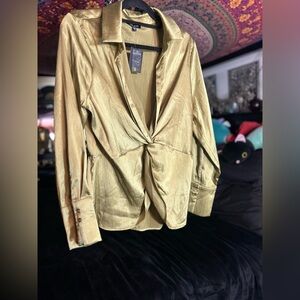 Pleione Olive Satin Twist Front Blouse